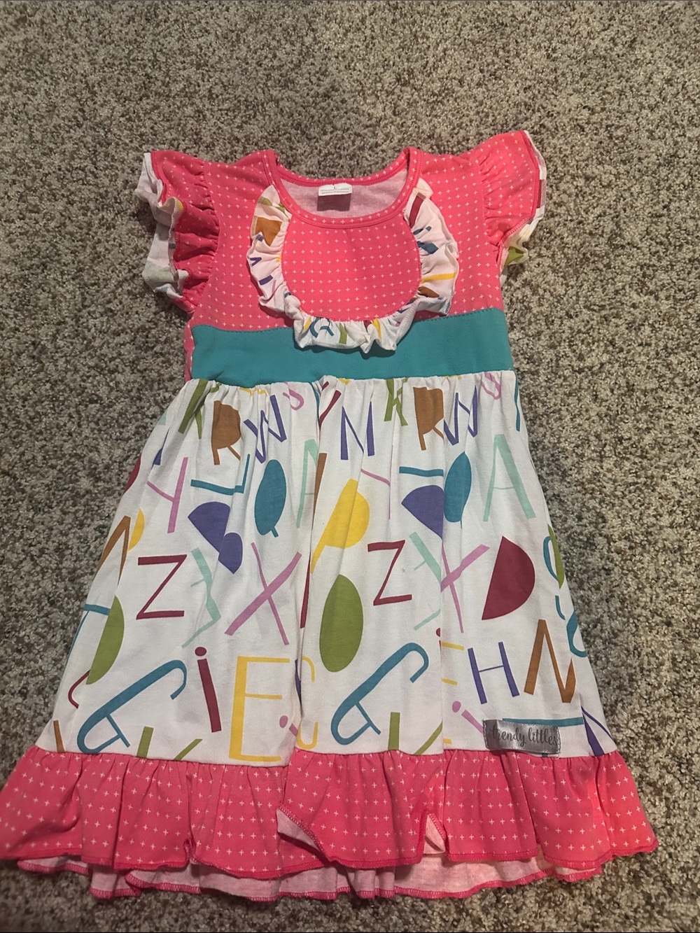 Girls Pink Alphabet Ruffle Casual Dress with Teal Waistband